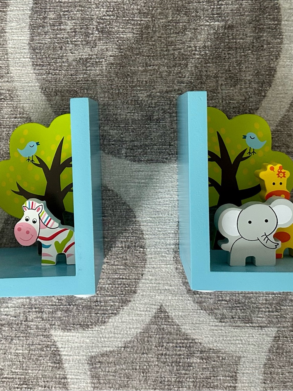 Blue Wooden Animal Bookends with Zebra & Elephant